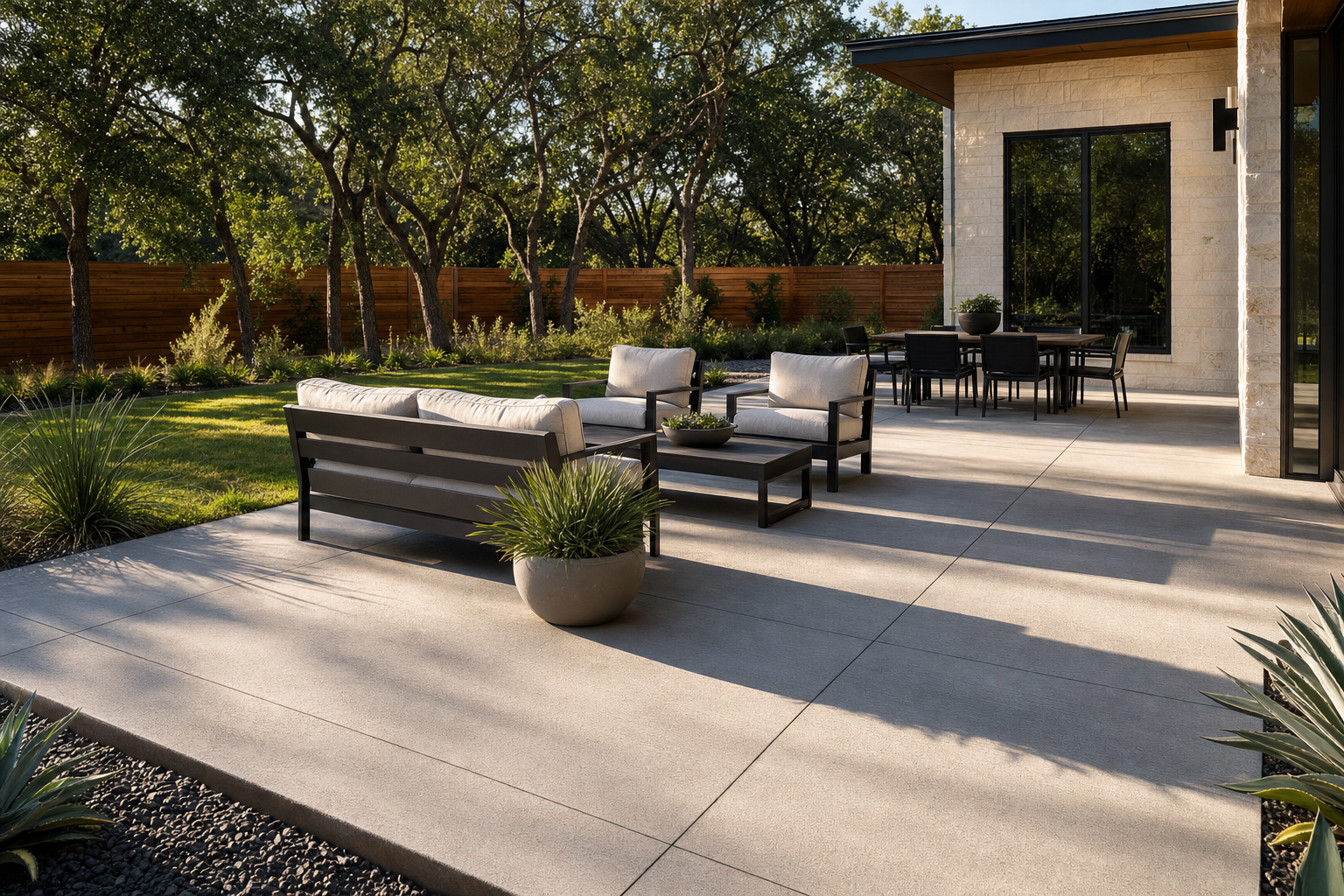 Custom concrete patio with broom finish in a Texas backyard