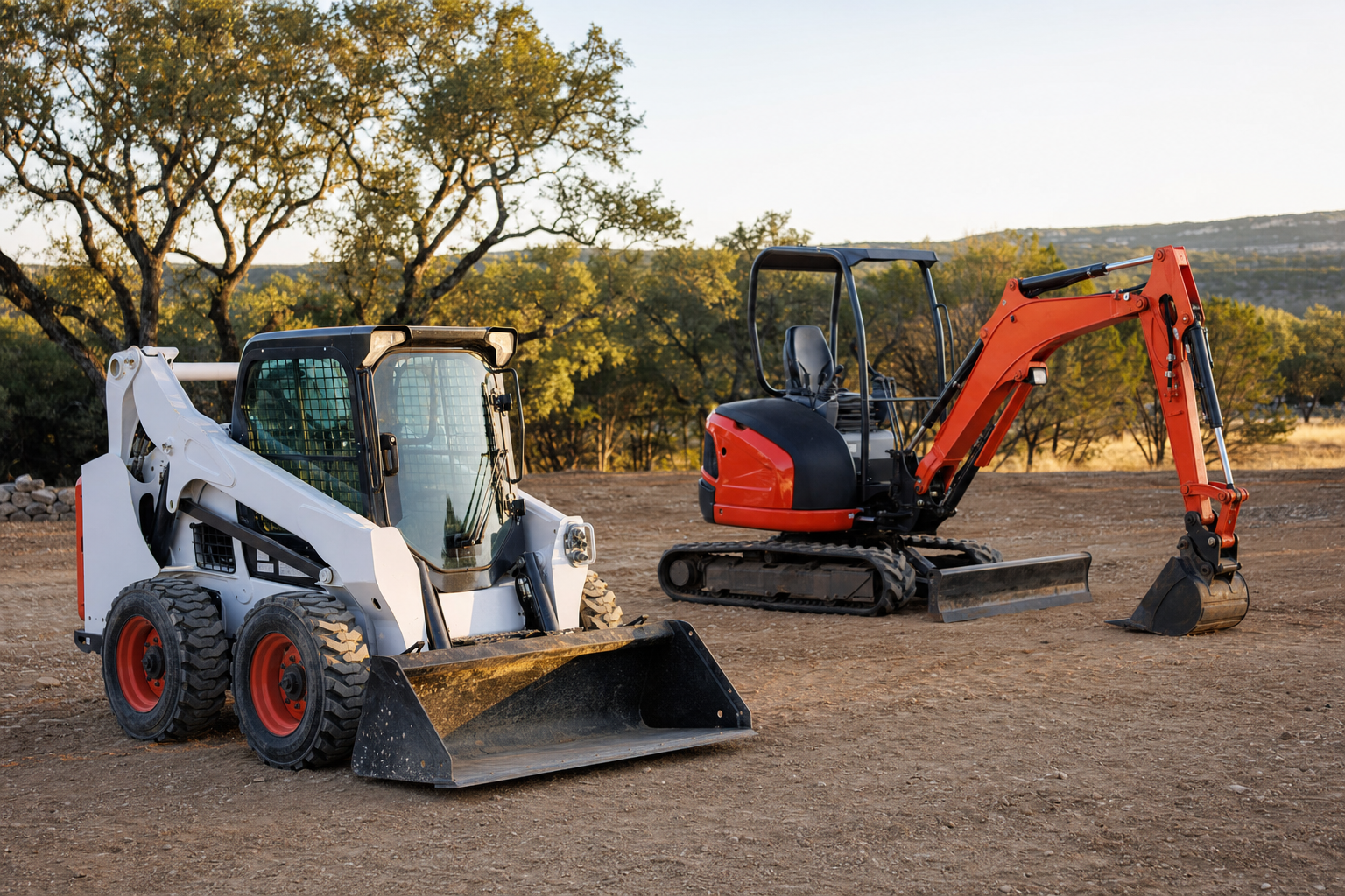 Skid steer and mini excavator on a Texas Hill Country jobsite