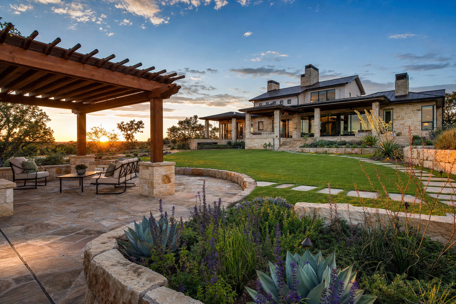 Luxury Texas Hill Country backyard at golden hour with custom cedar pergola, flagstone patio, manicured lawn, and limestone retaining wall